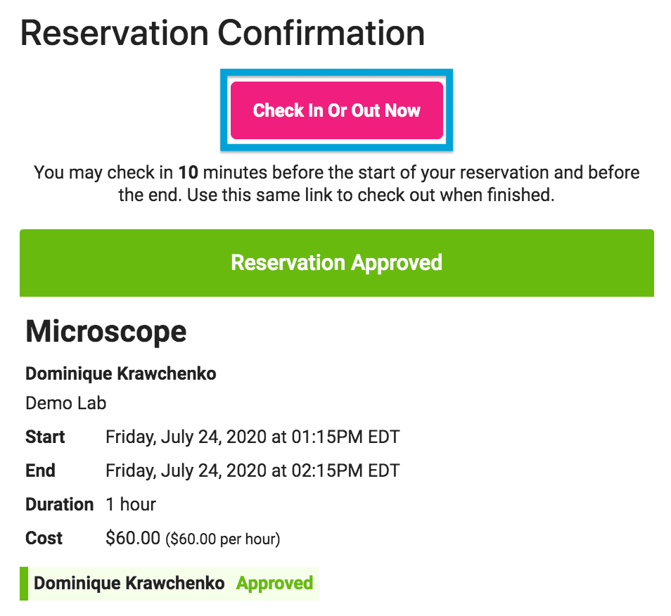 Check In and Out from the QReserve application and Emails
