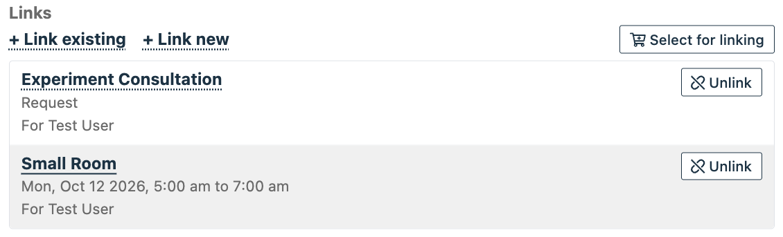 The Links section showing a related request and reservation, with controls to add or remove links.